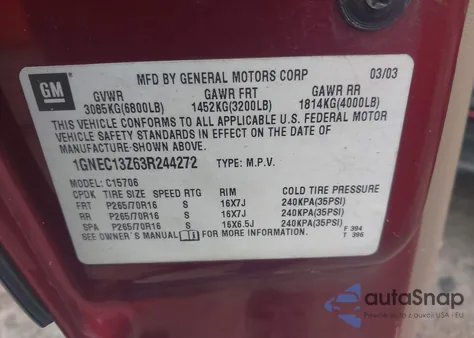 2003 Chevrolet Tahoe C1500 from USA, damaged, VIN 1GNEC13Z63R244272